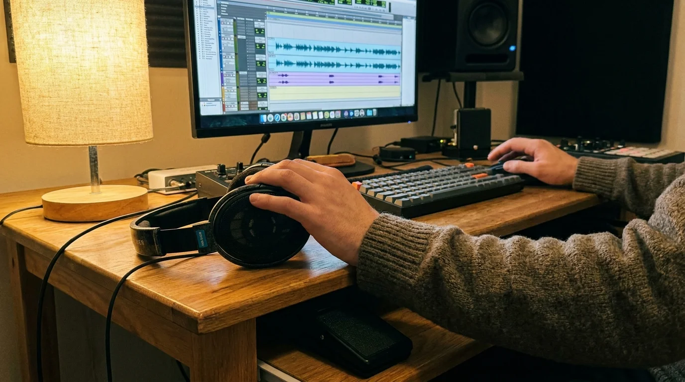 A close-up of a person's hands with headphones and a keyboard, showing a transcription workflow.