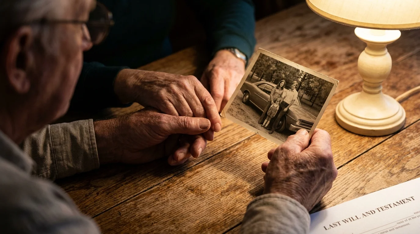 A close-up of a senior couple's hands resting on an old family photo next to a legal will.