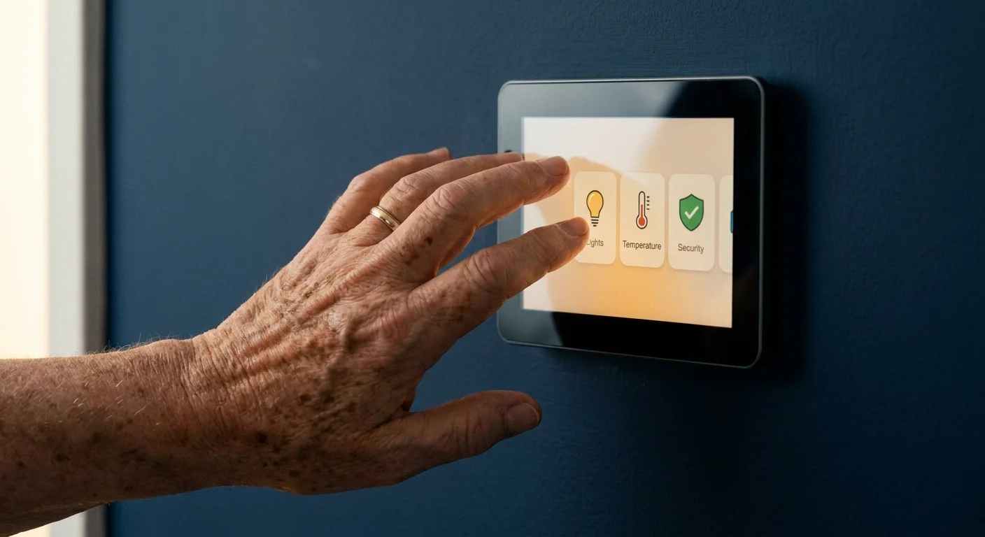 A close-up of a senior's hand using a wall-mounted smart home control panel.