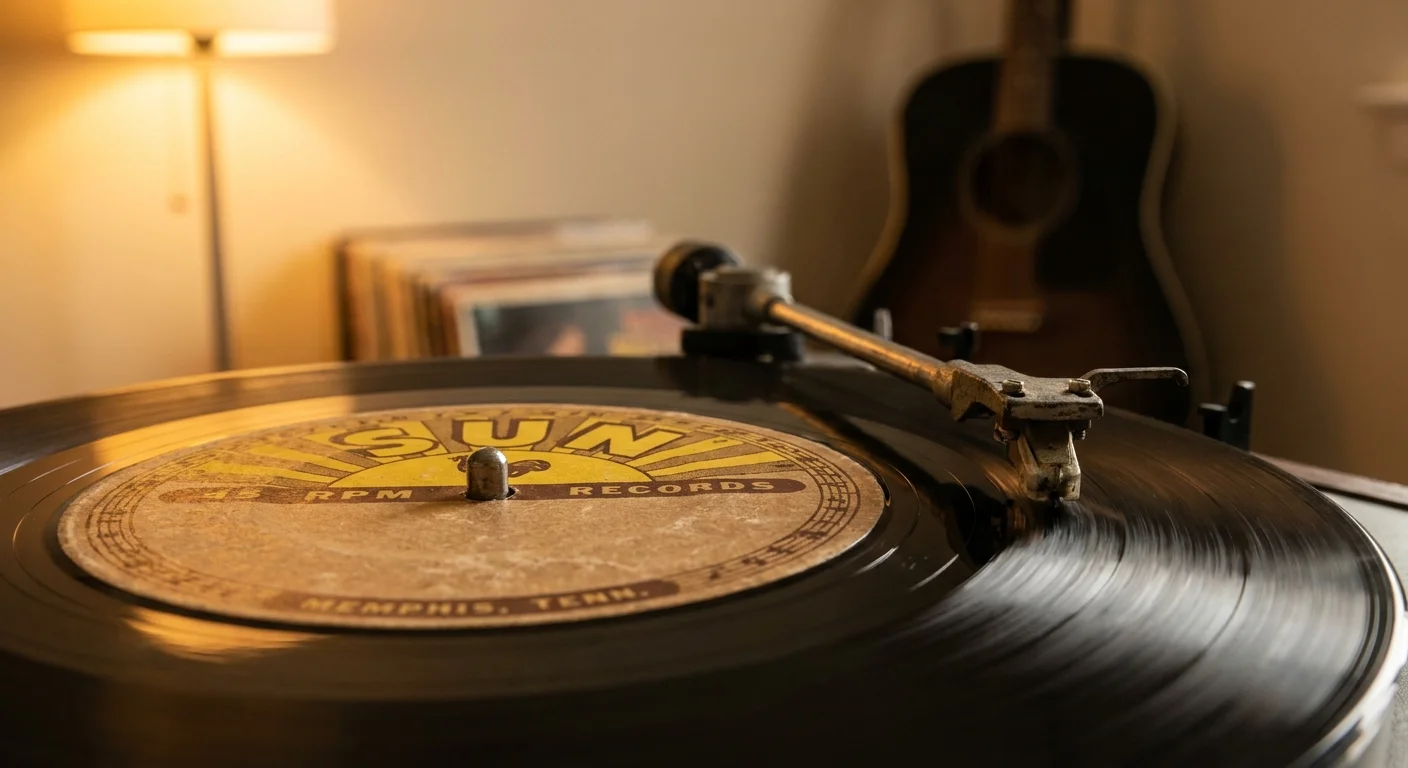 A close-up of a vintage vinyl record spinning on a turntable, evoking the Memphis soul and rock heritage.