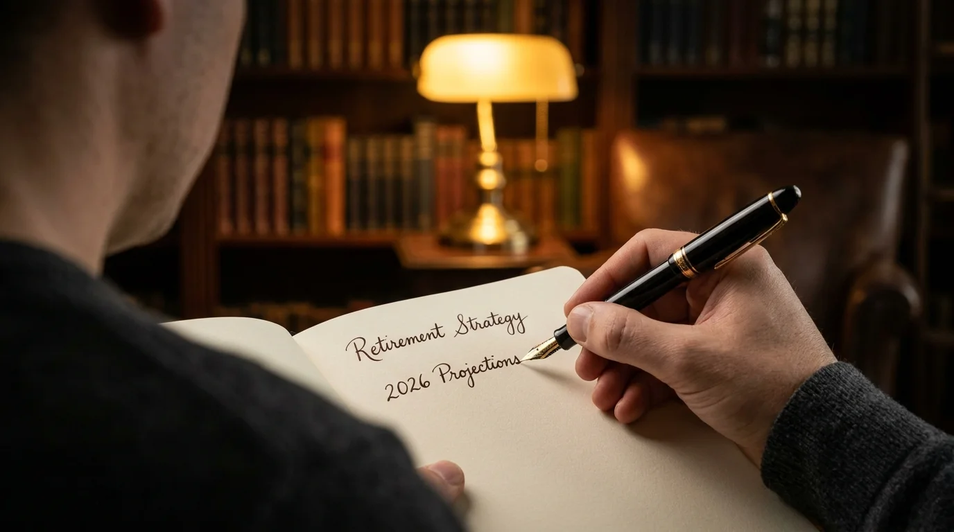 A close-up of hands writing a retirement strategy in a notebook, suggesting expert planning and guidance.