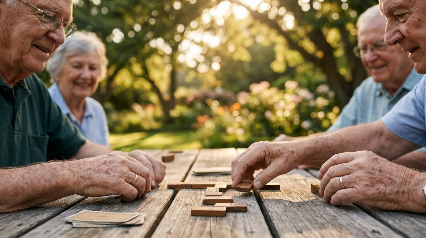 A close-up of seniors playing a game together outdoors, representing the community and social life in retirement.