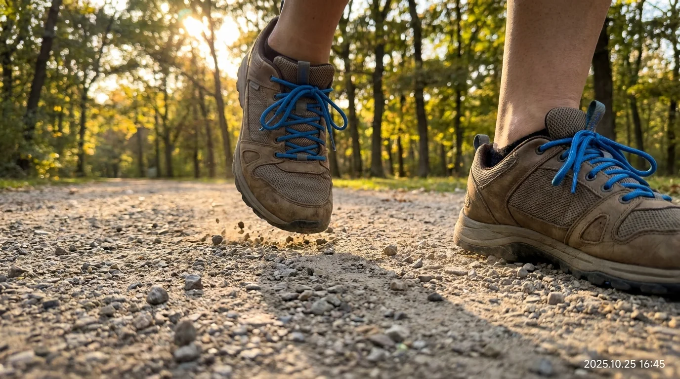 A close-up of walking shoes in motion on a park path during golden hour, representing physical health and activity.