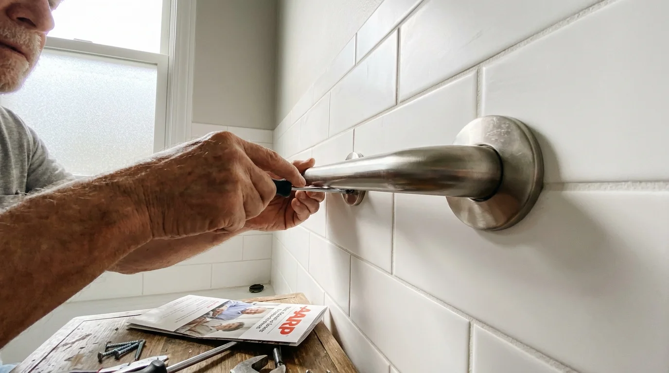 A close-up photo of a senior installing a safety grab bar in a bathroom, representing the choice to age in place.