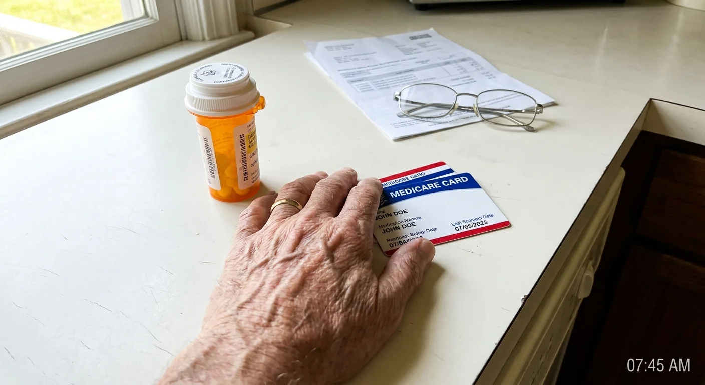 A close-up photo of a senior's hand holding a Medicare card next to a prescription bottle and medical bills.