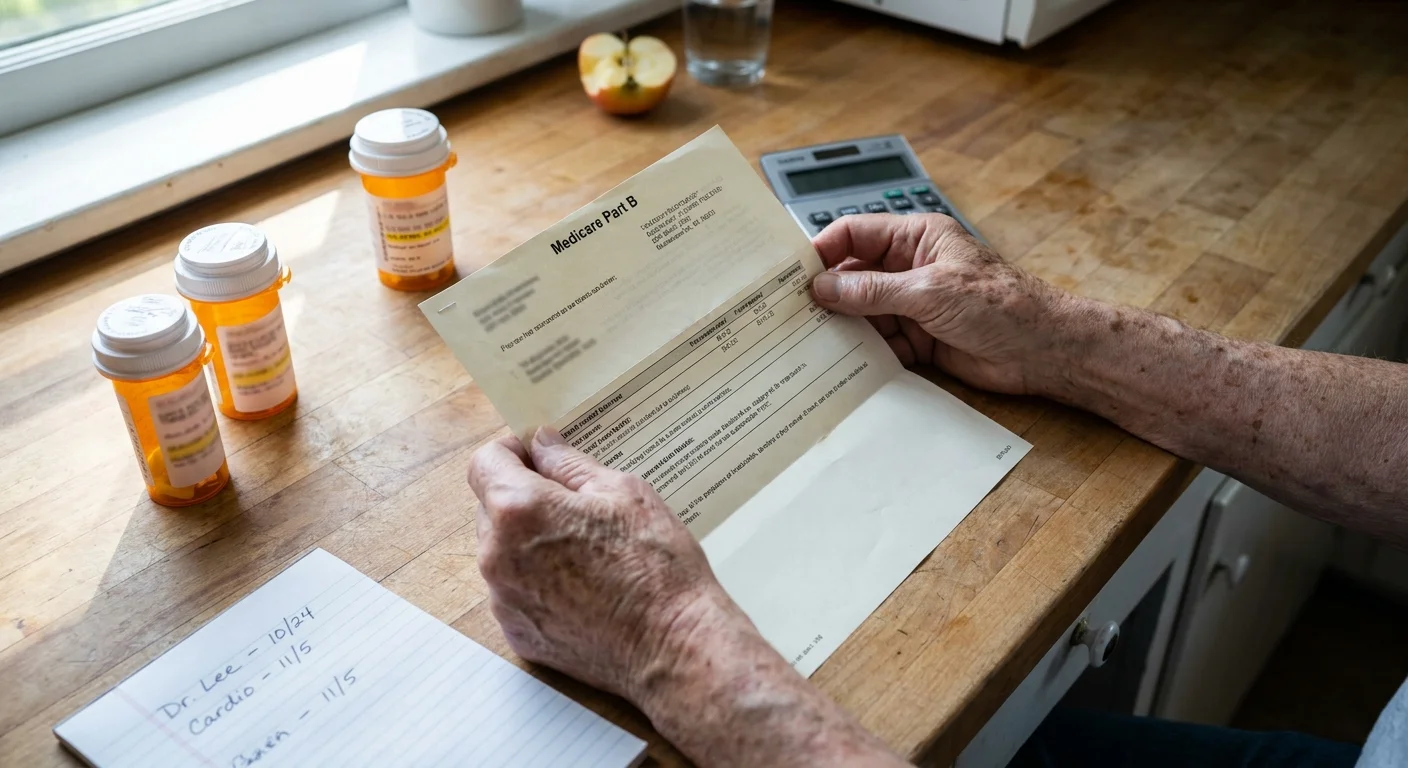 A close-up photo of a senior's hands reviewing Medicare documents and prescription medications on a kitchen counter.