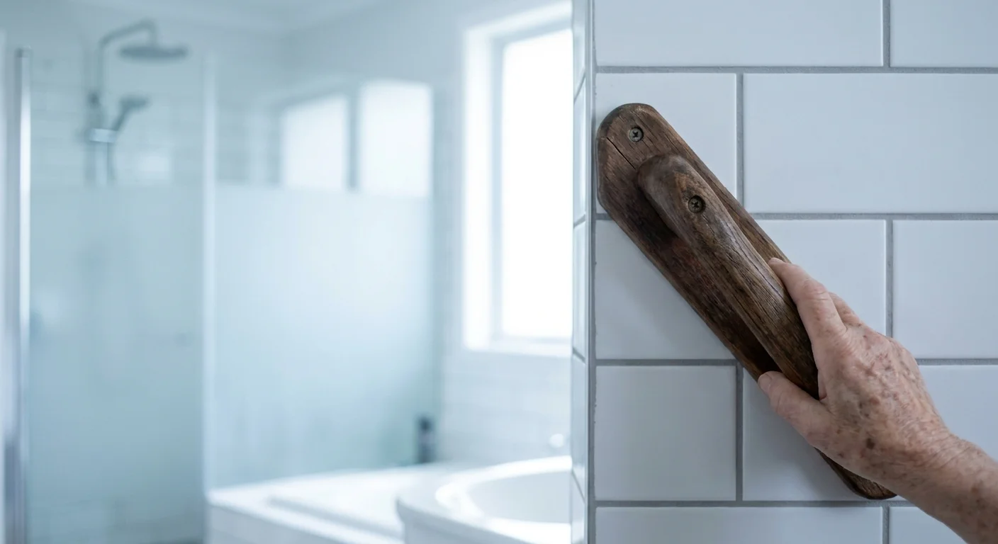 A close-up photograph of a senior's hand on a wooden grab bar in a modern, accessible bathroom.
