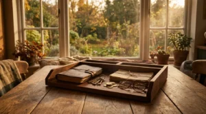 A close-up photograph of a wooden tray containing keys, coins, and a ledger on a sunlit table, symbolizing diverse retirement income streams