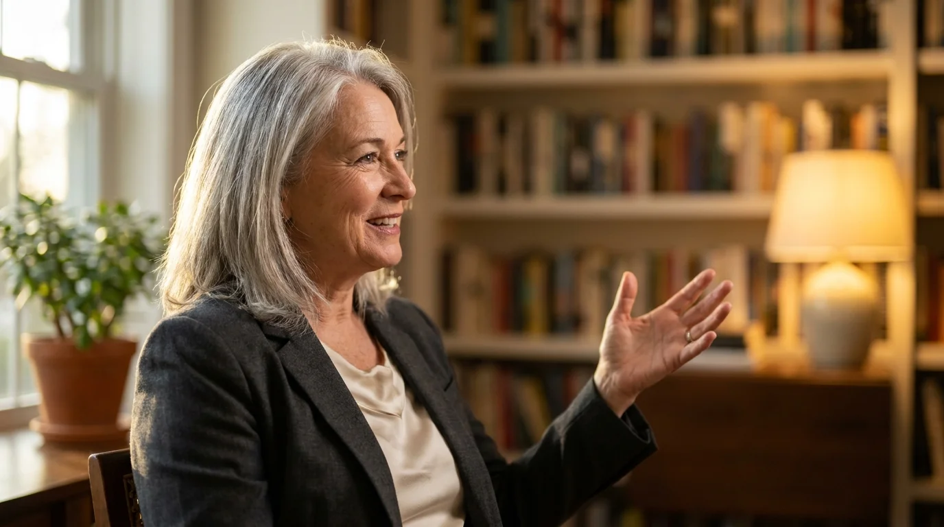 A close-up portrait of a female financial expert speaking in a warm, book-filled study.