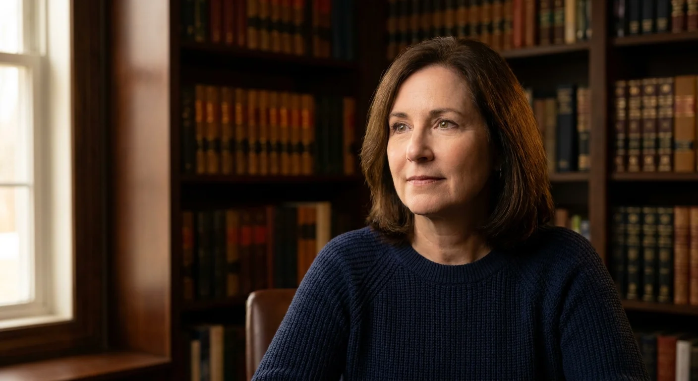 A close-up portrait of a trustworthy female financial expert in a library setting.