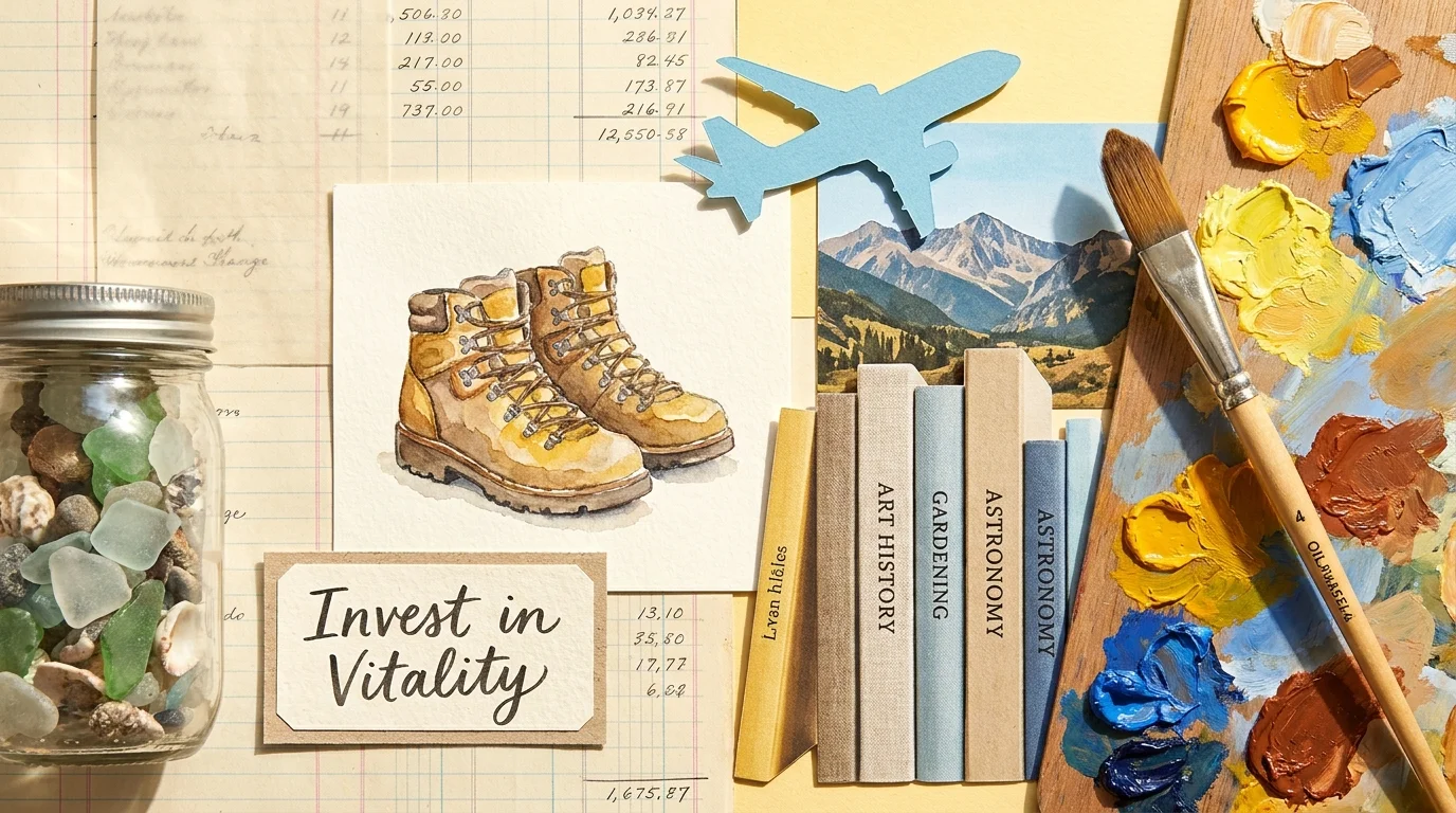 A collage of hobby items like hiking boots, books, and paintbrushes over a ledger, symbolizing funding one's passions.