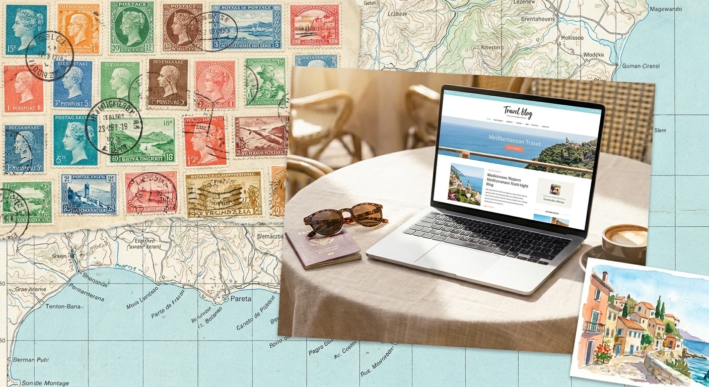 A collage of travel items, a laptop, and international stamps representing the digital nomad lifestyle.