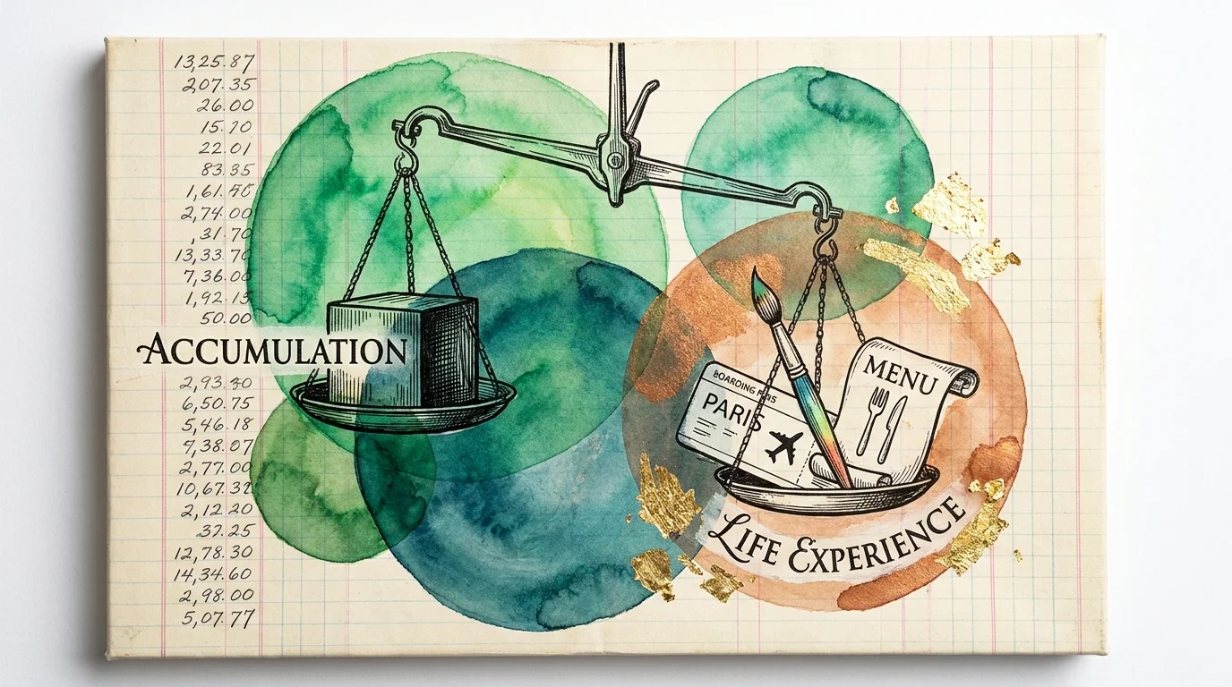 A collage showing a balance scale weighing 'Accumulation' against 'Life Experience,' representing the shift in financial mindset.