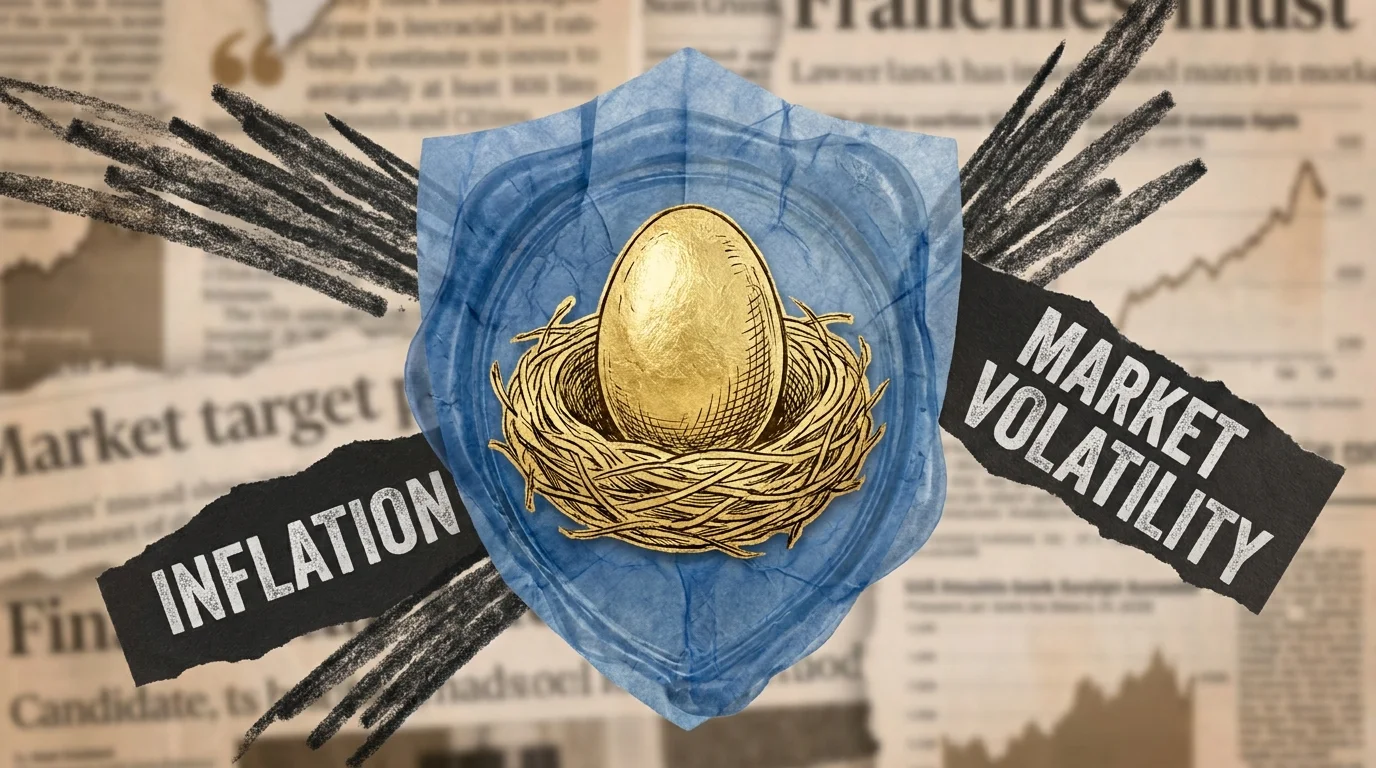 A collage showing a blue shield protecting a golden egg from jagged dark shapes.