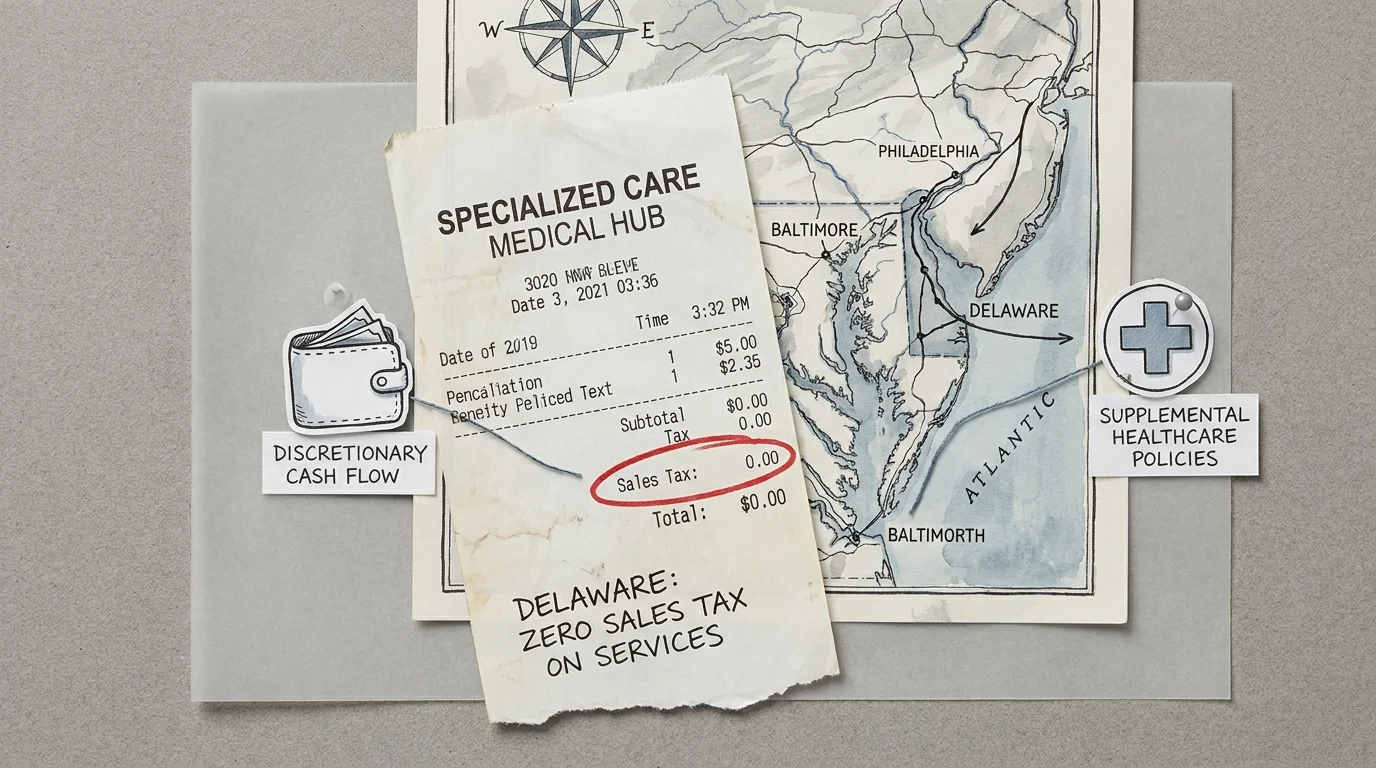 A collage showing a medical receipt with 0.00 sales tax layered over a map of Delaware and surrounding medical hubs.