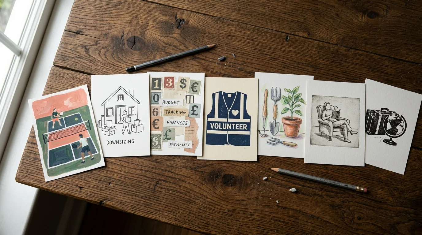 A collection of seven illustrated cards on a wooden table, each representing a different retirement activity like sports or budgeting.