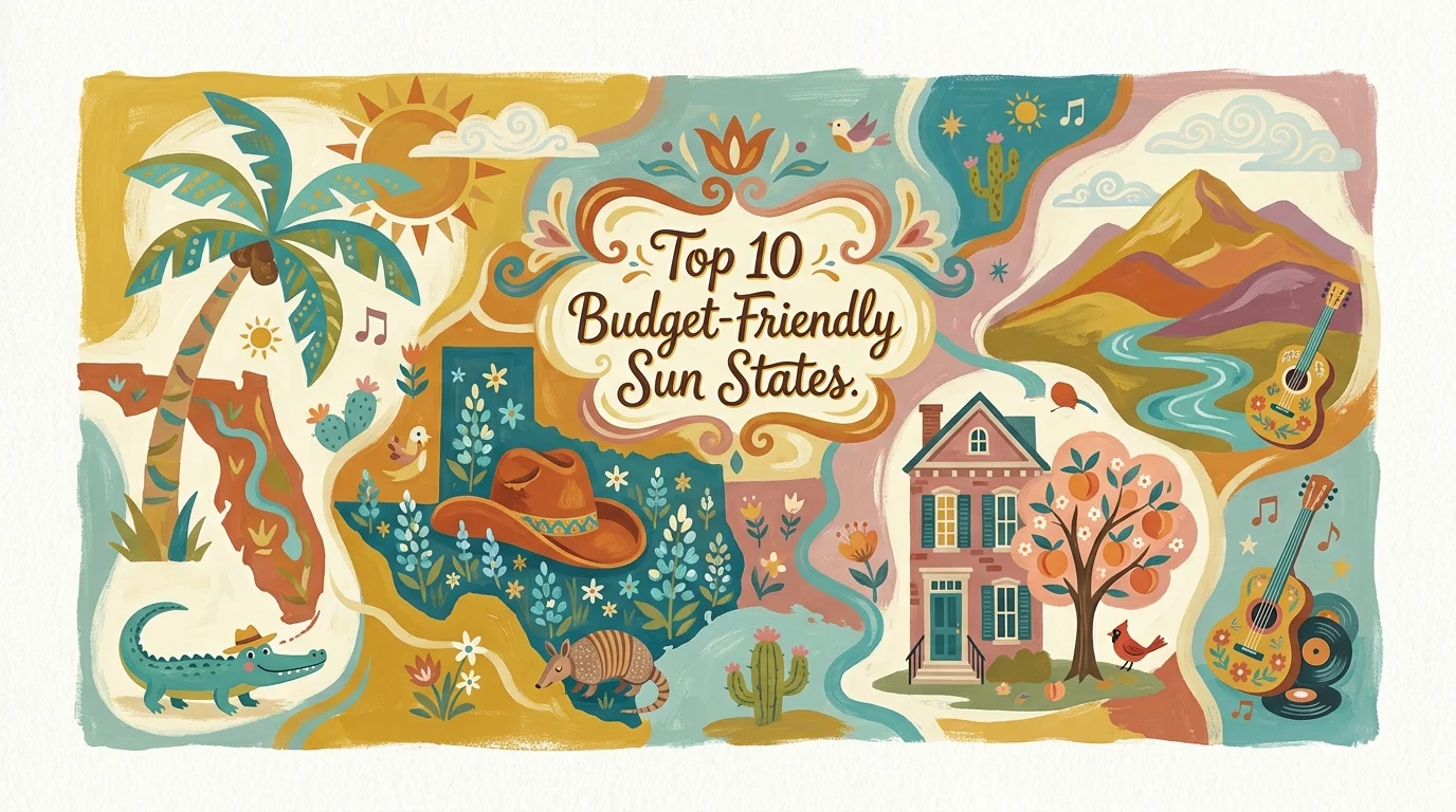 A colorful gouache illustration of the Southern US with icons representing different states for retirement.
