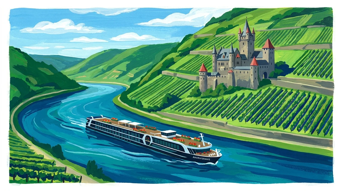 A colorful gouache painting of a river cruise ship sailing past a medieval castle and vineyards on the Rhine.