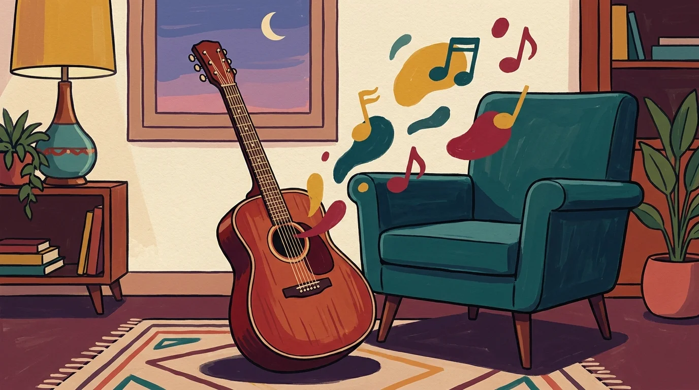 A colorful illustration of an acoustic guitar in a cozy room with musical notes floating in the air.