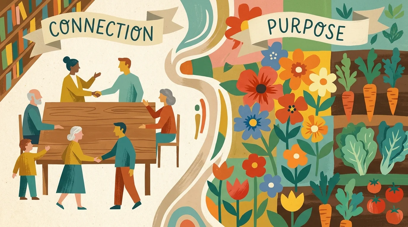 A colorful mid-century gouache illustration showing stylized people connecting in a community setting.