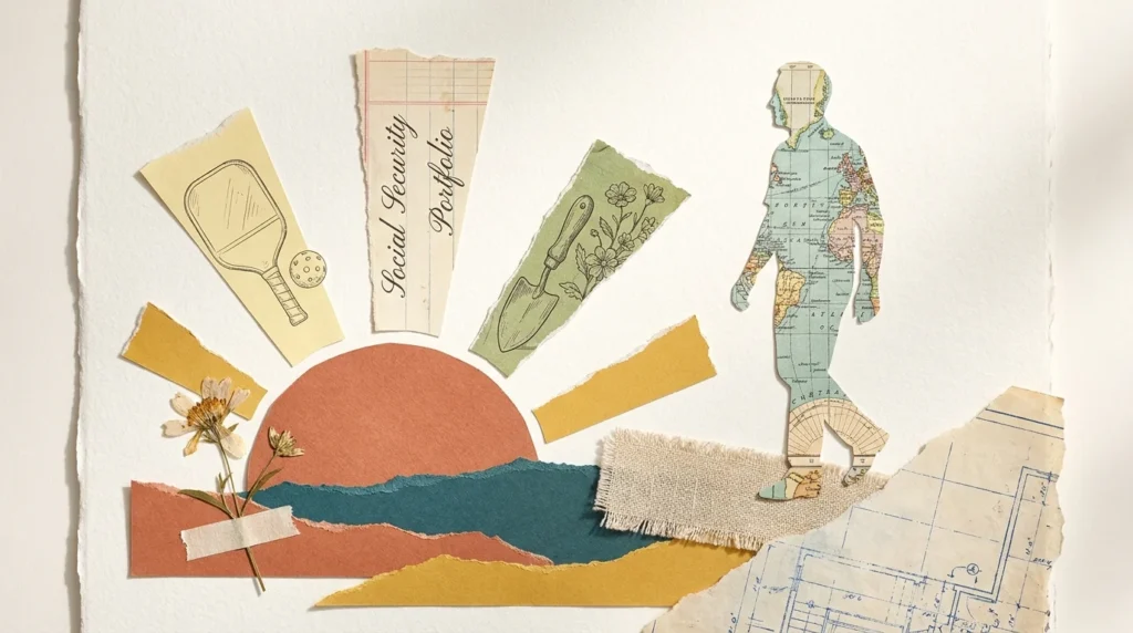 A colorful mixed media collage showing a silhouette of a person made from a map, surrounded by symbols of active retirement.