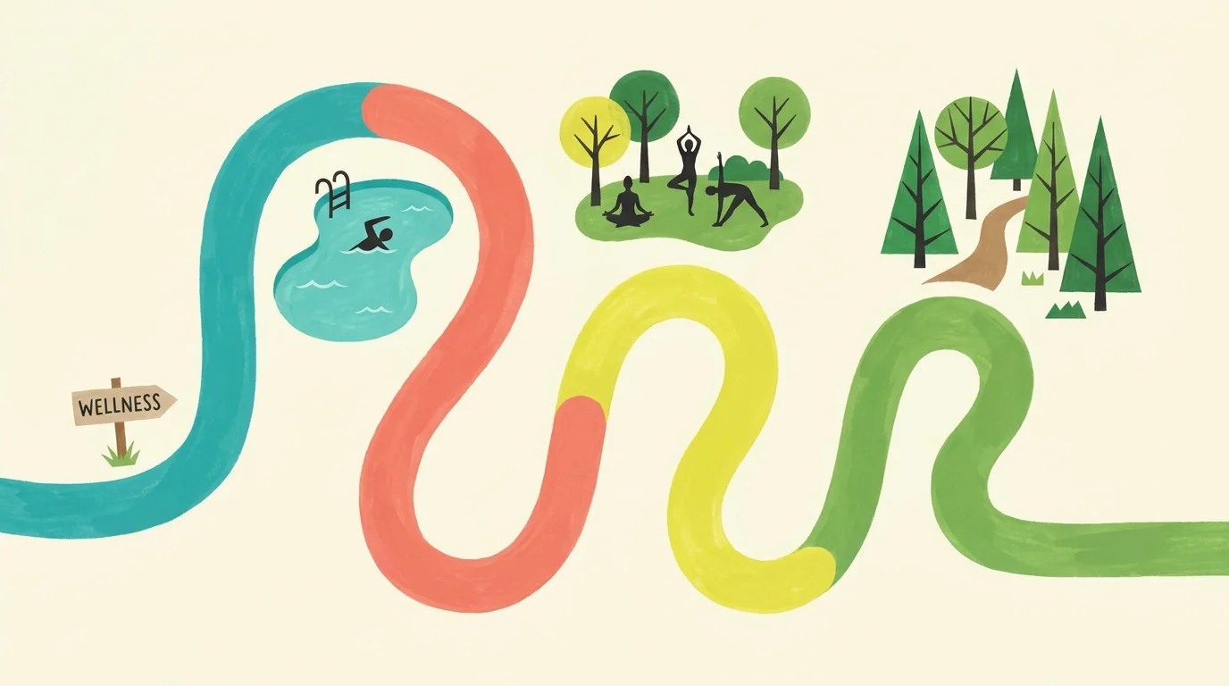A colorful, stylized gouache illustration showing a path through a community with icons for swimming, yoga, and walking.