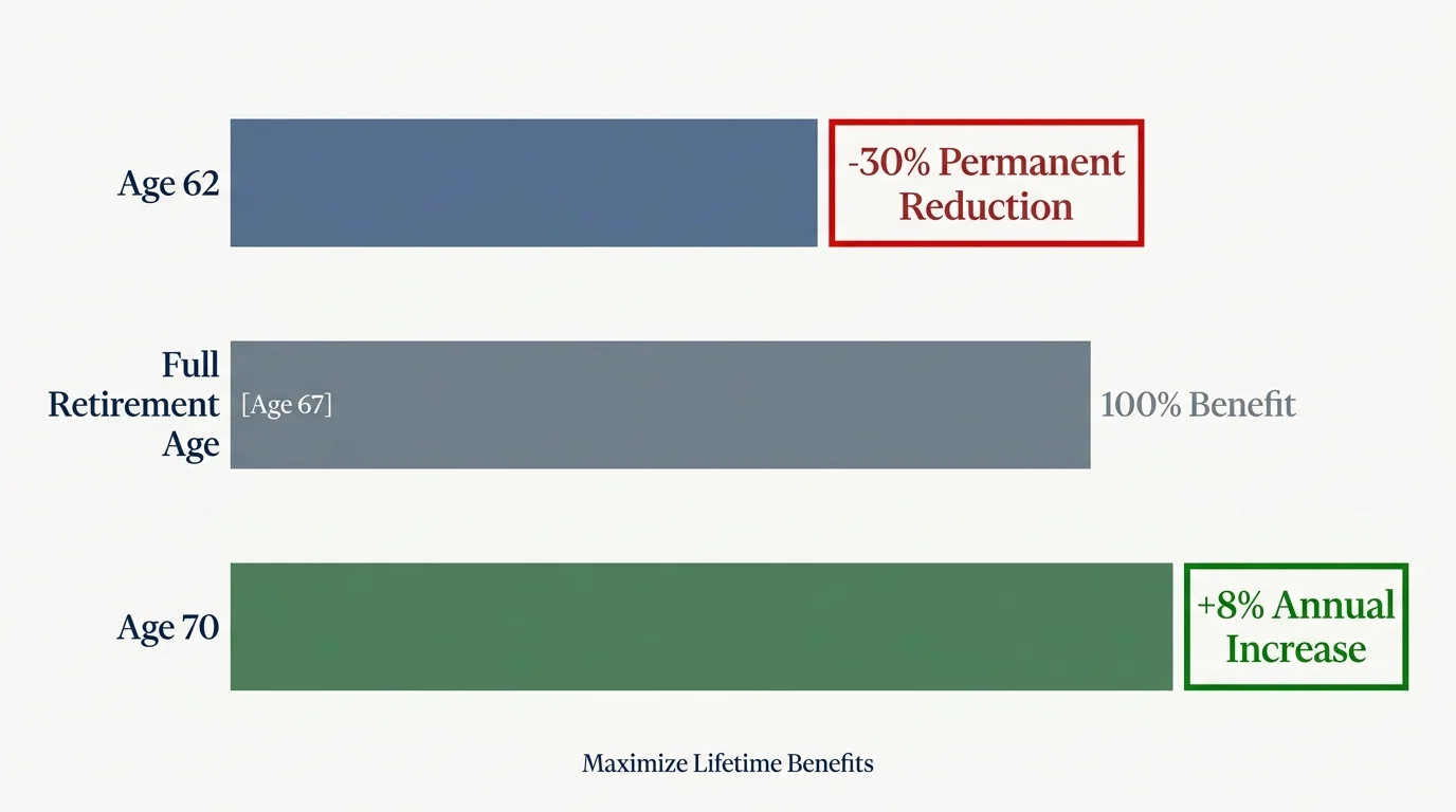 A comparison chart showing the financial impact of claiming Social Security at age 62 versus age 70.
