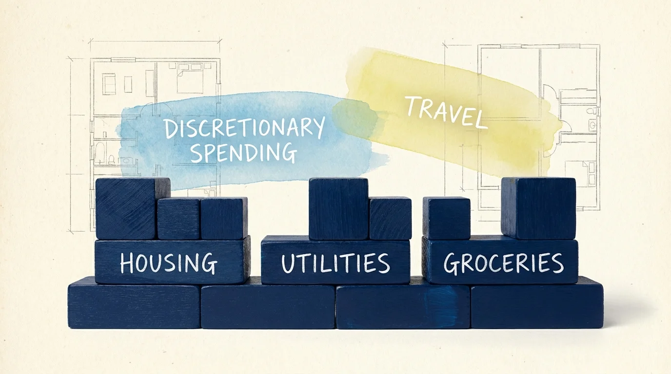 A conceptual collage showing solid blocks labeled 'Housing' and 'Utilities' forming a foundation for floating watercolor elements.