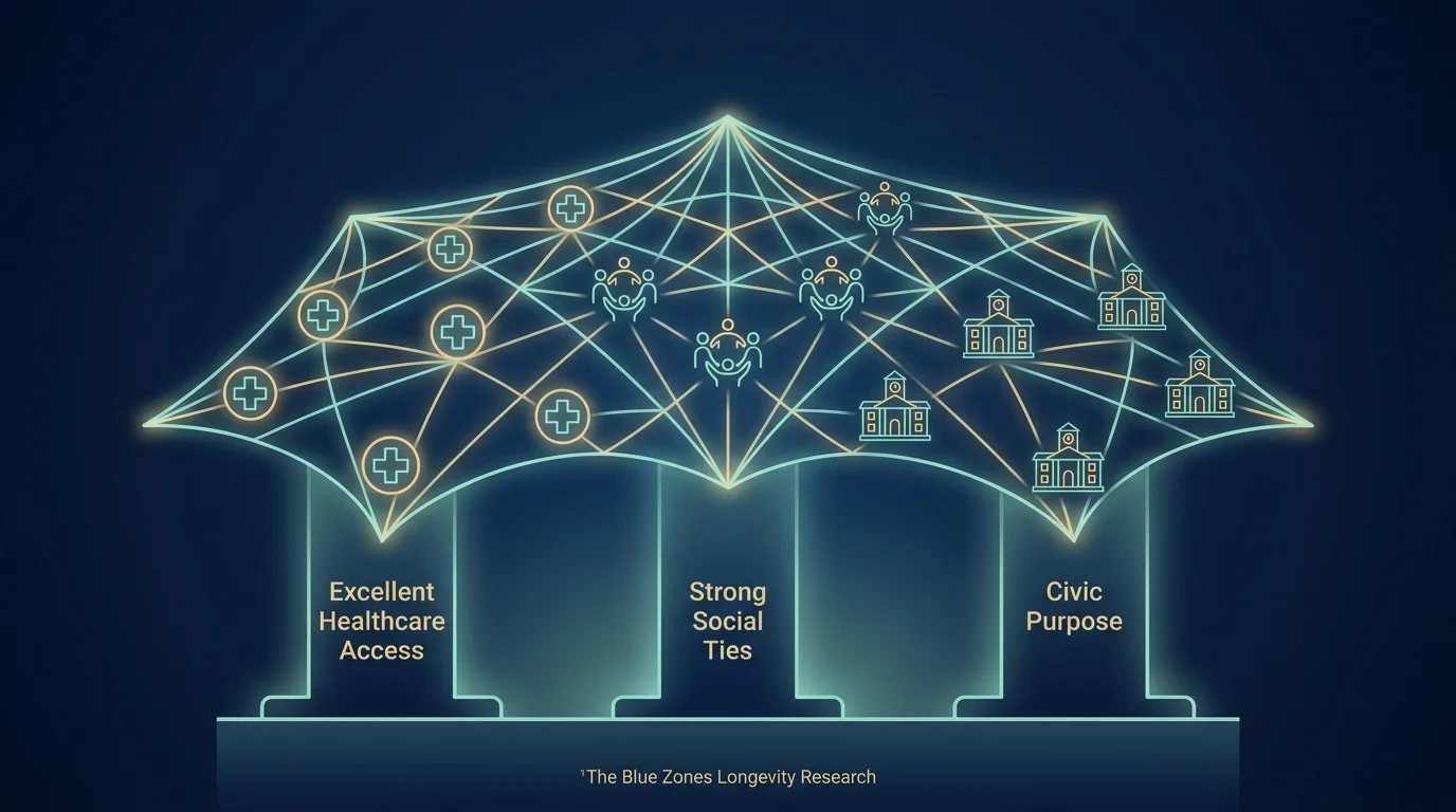 A conceptual diagram showing healthcare, social ties, and civic purpose as the pillars of a retirement safety net.