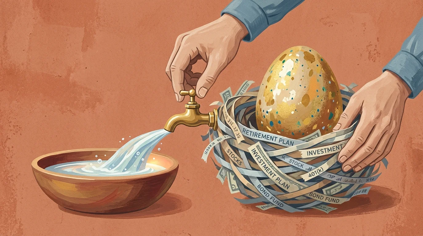 A conceptual gouache illustration of a hand carefully turning a tap on a golden nest egg to control income flow.