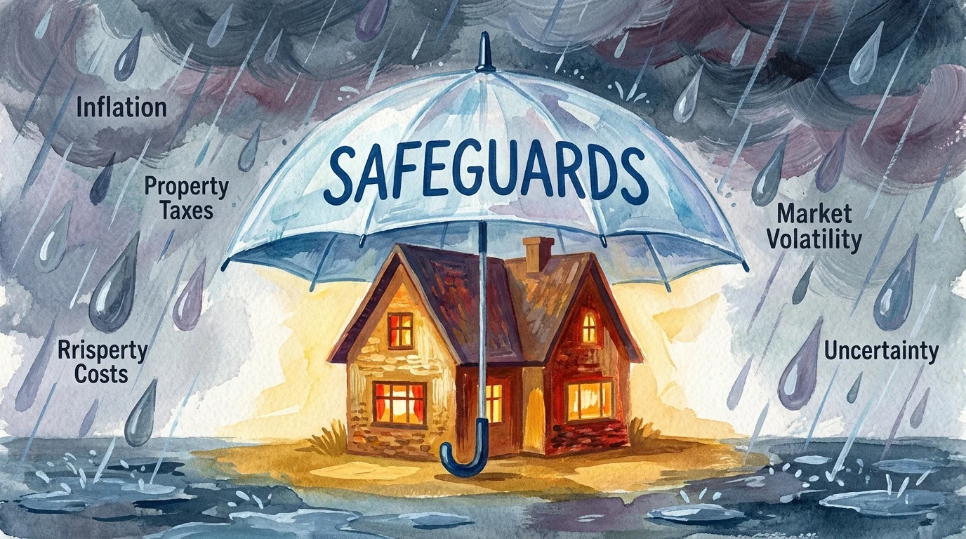 A conceptual gouache illustration of a house protected by an umbrella from financial risks like inflation.