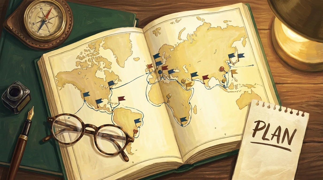 A conceptual gouache illustration of an expert's desk with a map, compass, and pen, representing travel planning.