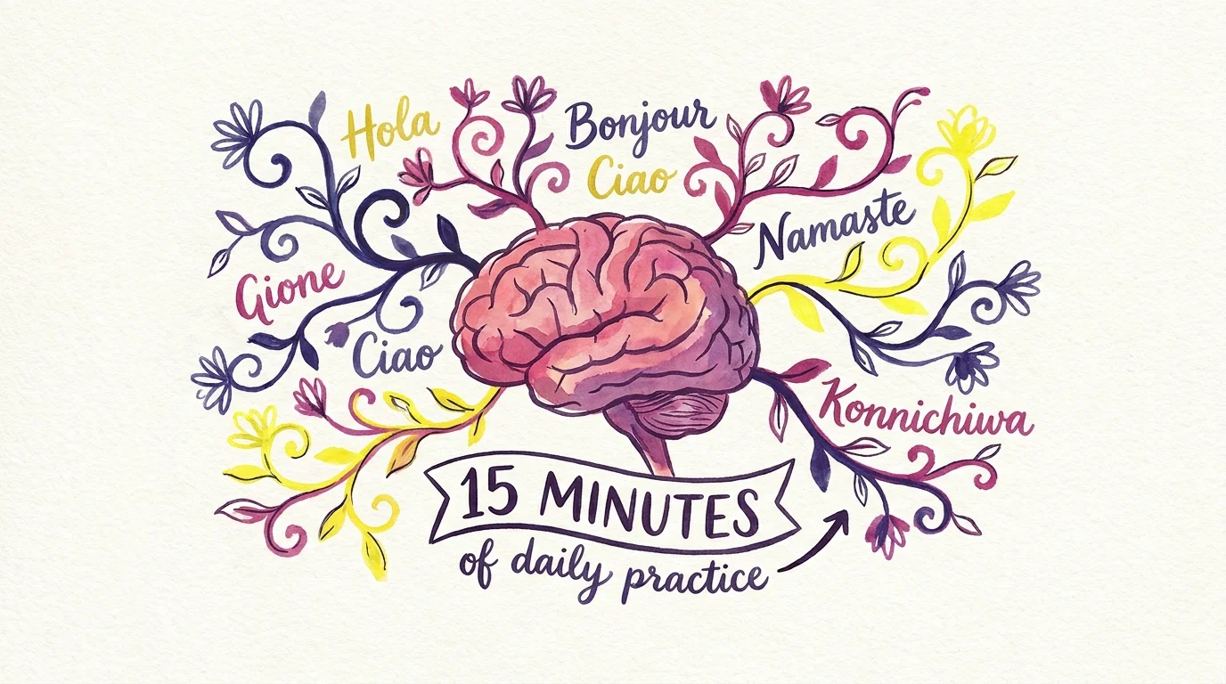 A conceptual illustration of a brain growing colorful vine-like neural pathways surrounded by foreign language words.