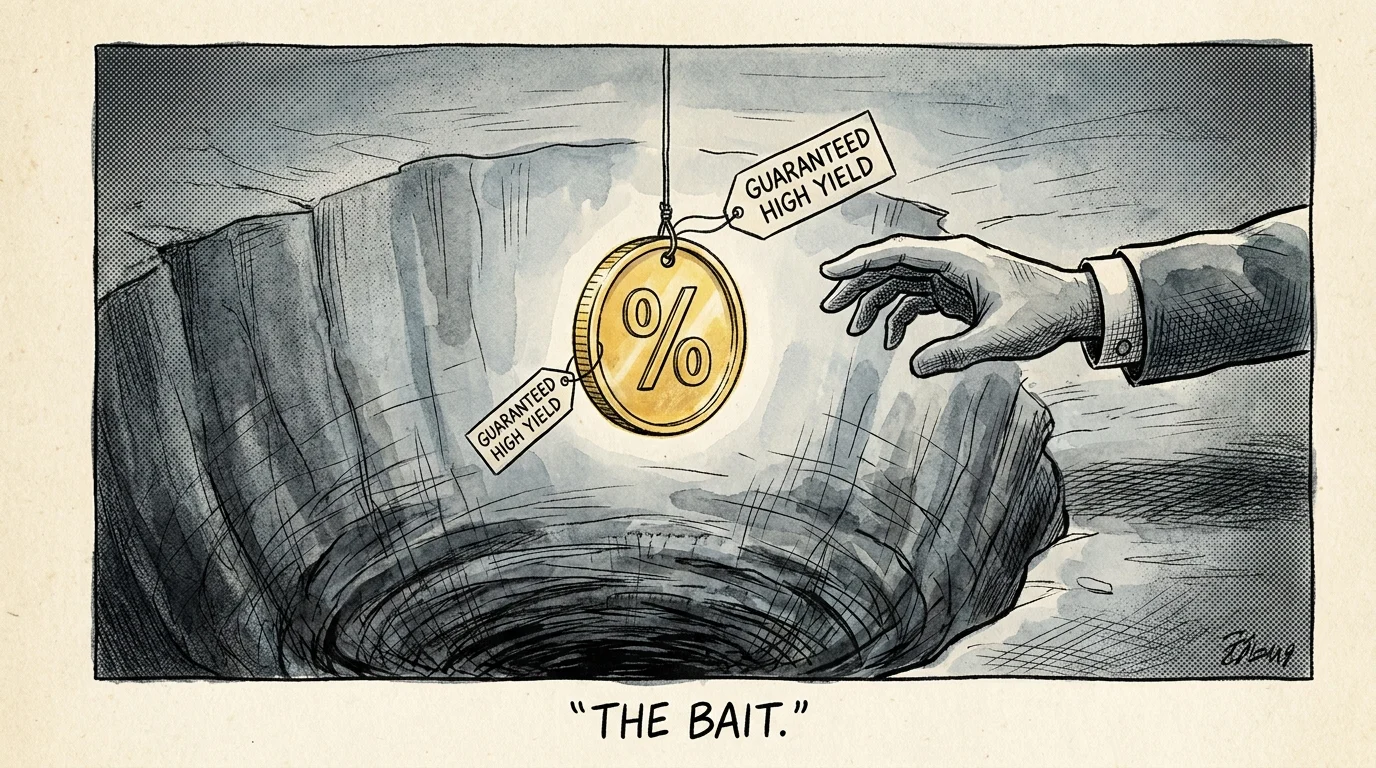 A conceptual illustration of a gold coin labeled 'High Yield' used as bait on a fishing line over a dark pit.