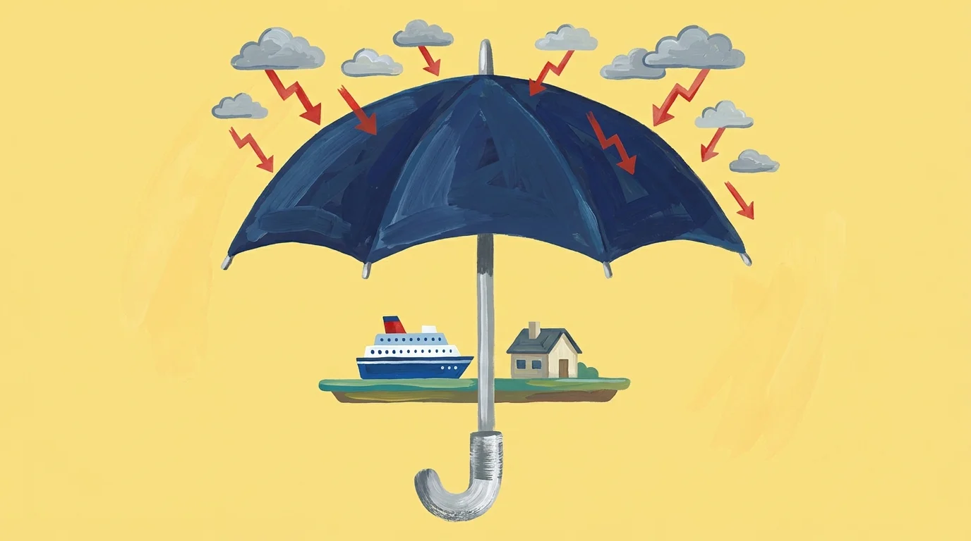 A conceptual illustration of a large umbrella protecting a cruise ship from storm clouds, representing travel insurance.