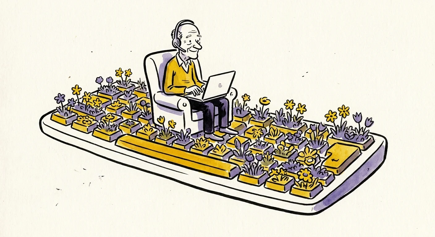 A conceptual illustration of a retiree working as a remote customer success representative while relaxing at home.