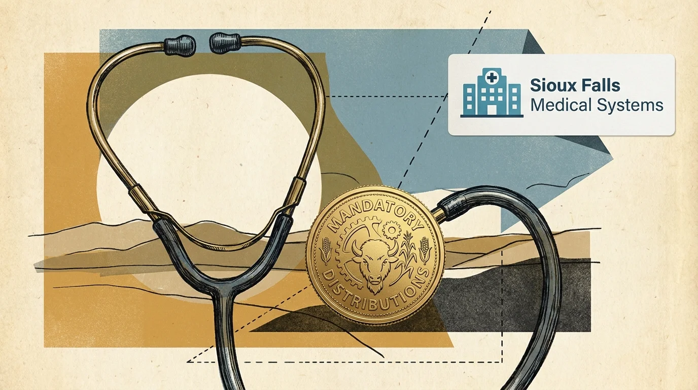 A conceptual illustration of a stethoscope combined with a gold coin over a stylized South Dakota prairie landscape.