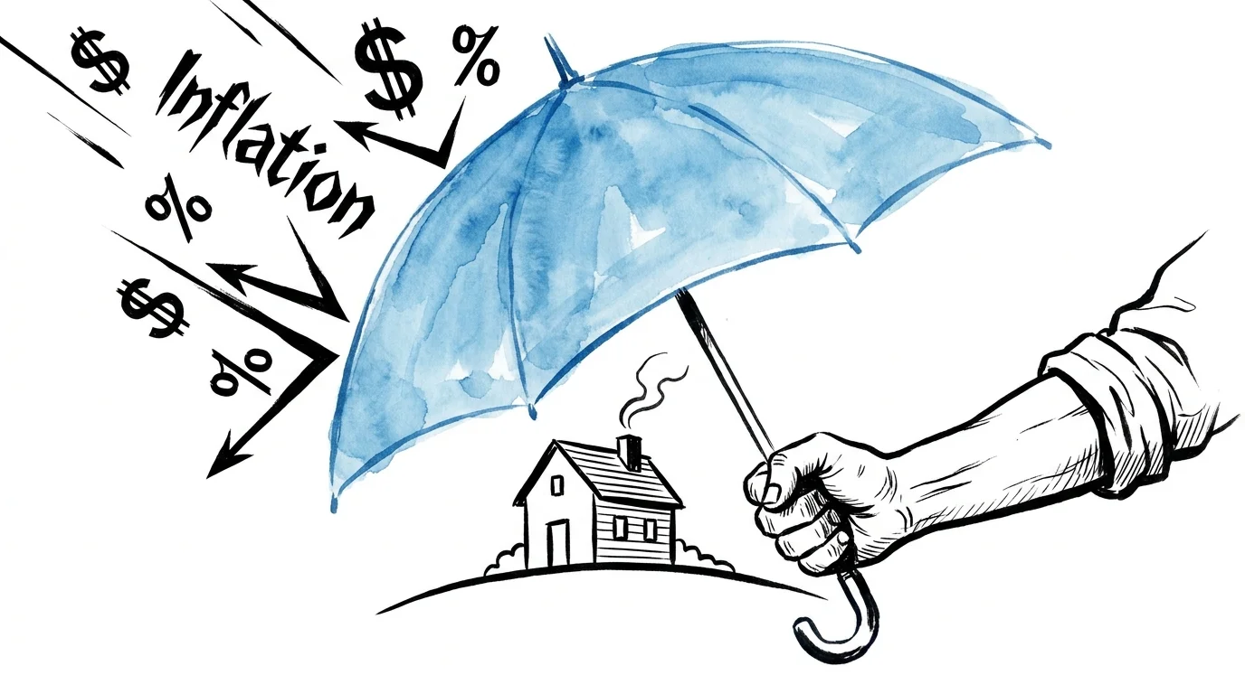 A conceptual illustration of an umbrella protecting a home from rain made of inflation and currency symbols.