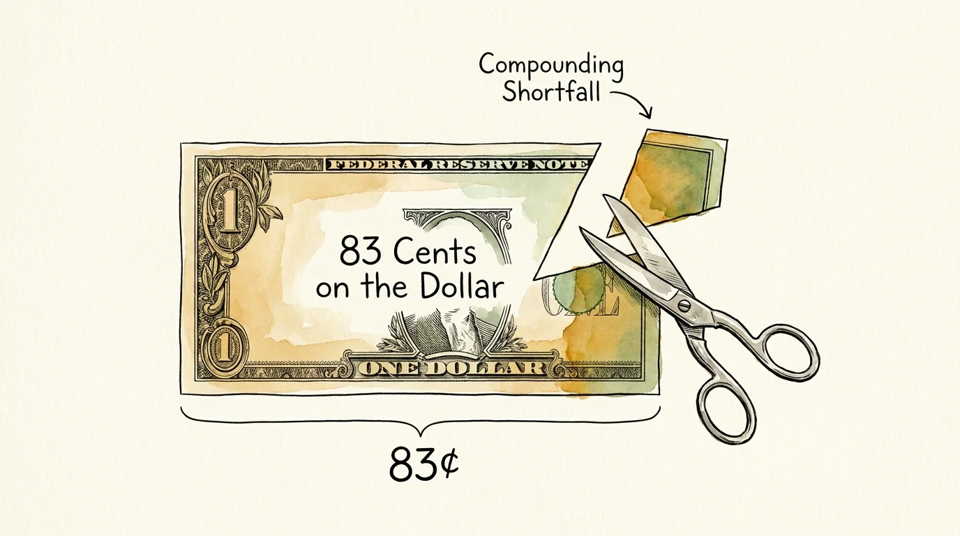 A conceptual illustration showing a dollar bill with a portion removed, representing the 83-cent wage gap women face.