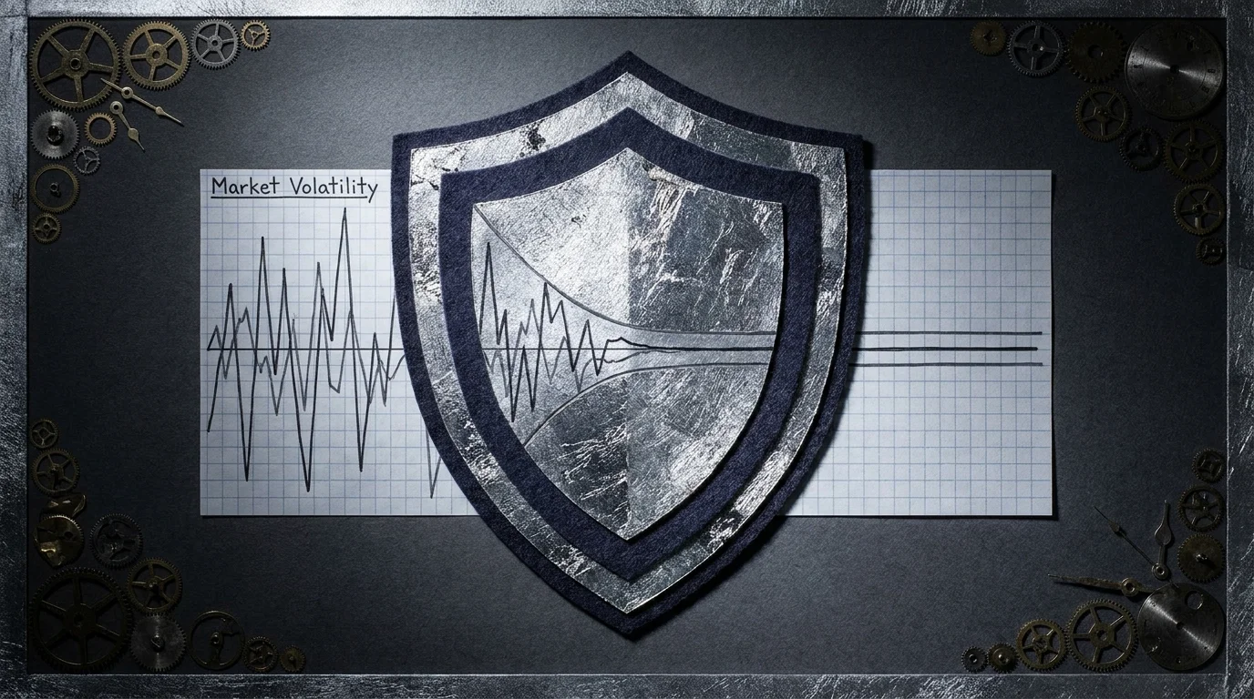 A conceptual mixed media collage featuring a metallic shield protecting a fluctuating graph, representing fraud and volatility protection.