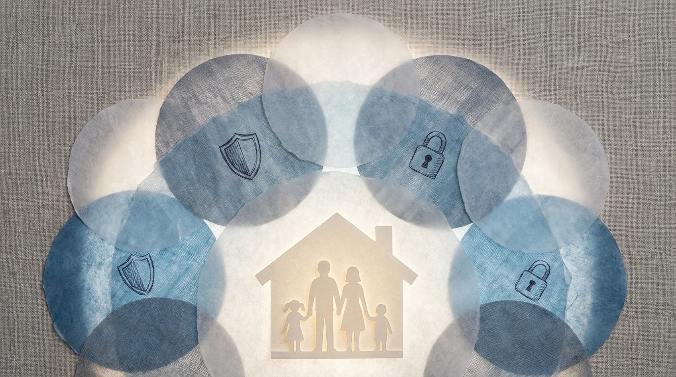 A conceptual mixed-media illustration of protective layers surrounding a home, symbolizing financial safeguards.