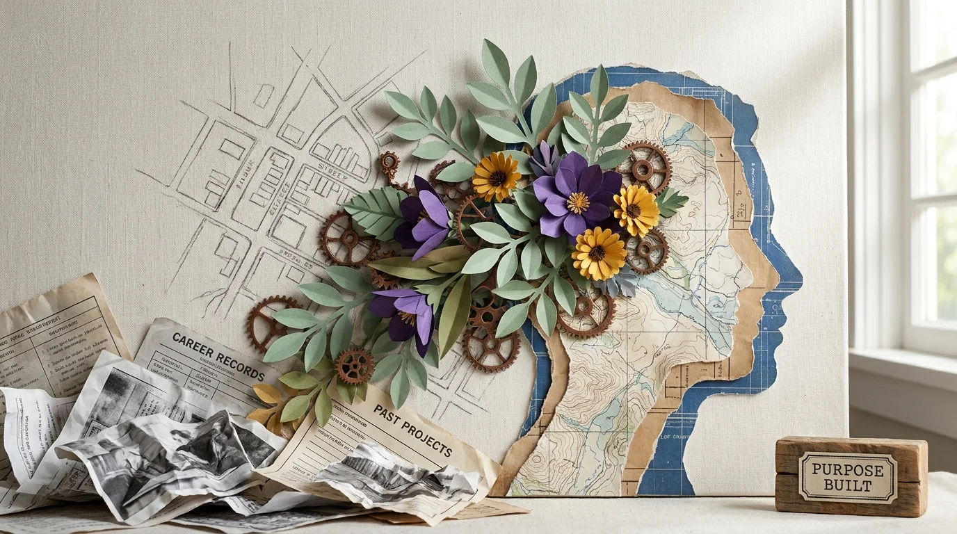 A conceptual silhouette filled with paper-craft flowers and gears, symbolizing mental growth and new beginnings in a new location.