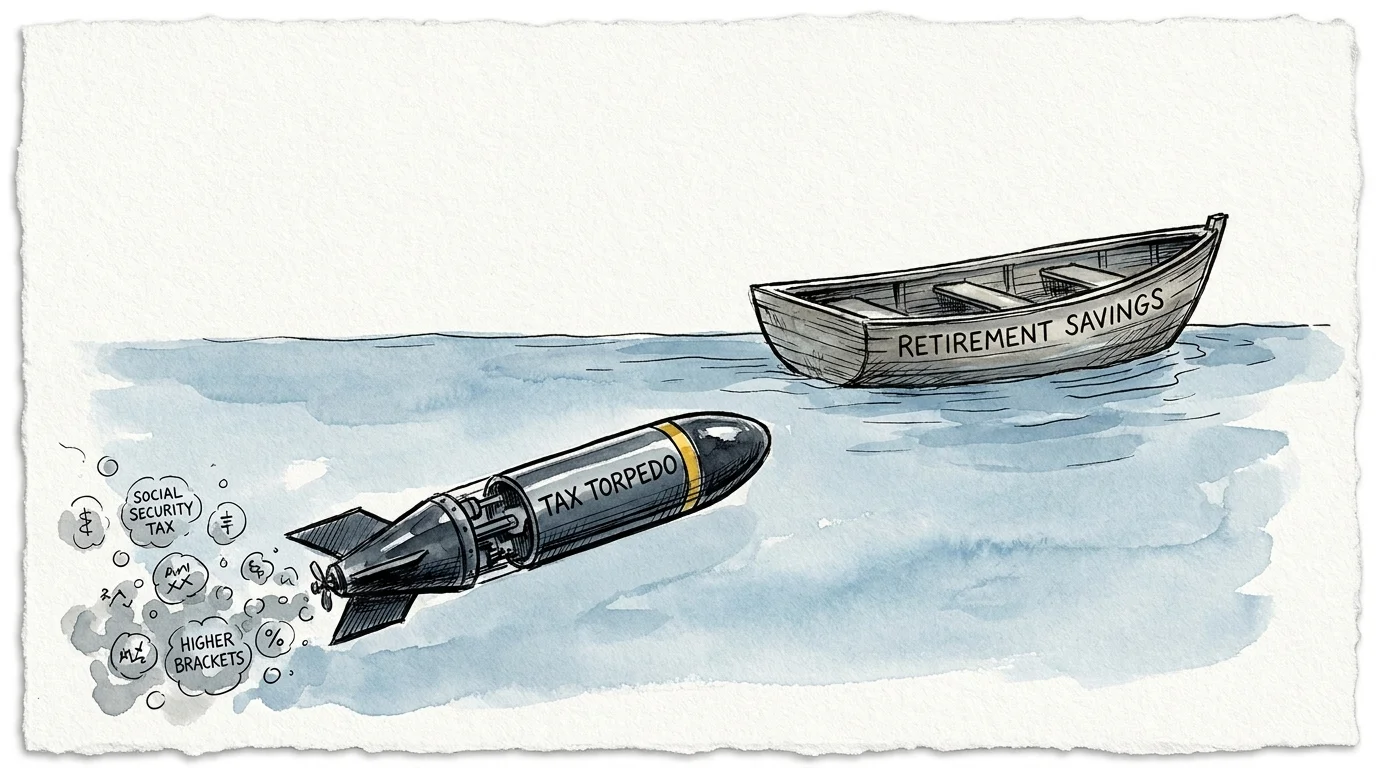 A conceptual watercolor illustration of a 'Tax Torpedo' aimed at a boat representing retirement savings.