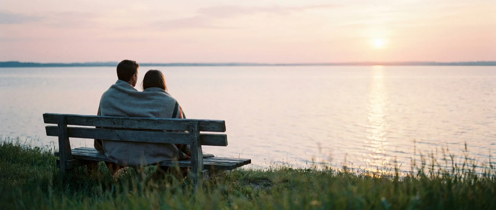 A couple sits on a bench overlooking a lake at sunrise, wrapped in a blanket and looking toward the horizon.
