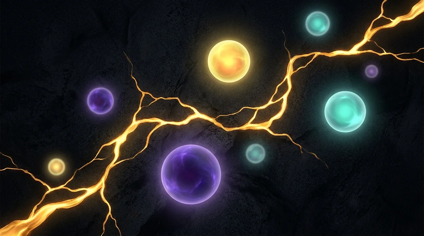 A dark background with a winding golden path and glowing spheres, symbolizing the search for a new life purpose.