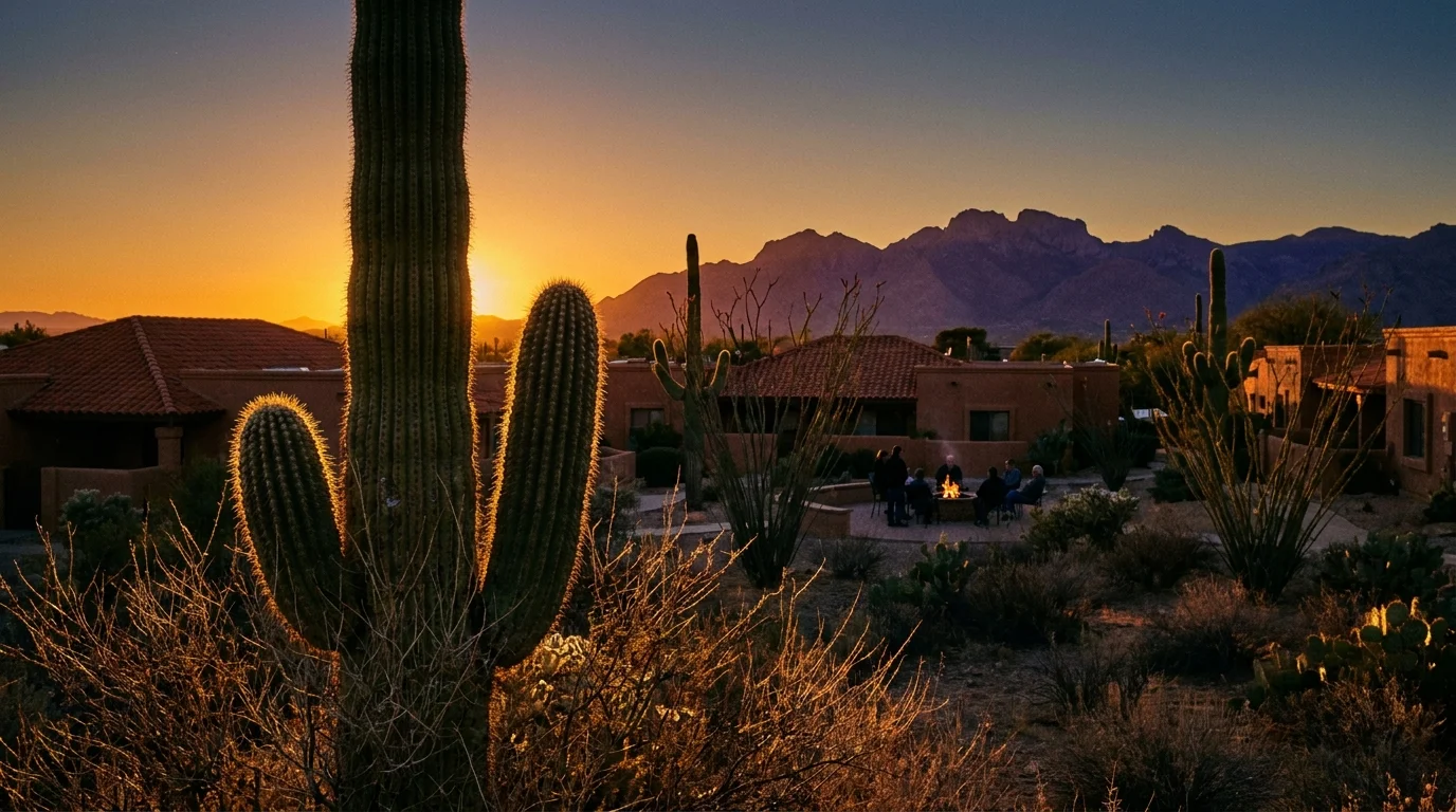 A desert sunset in Green Valley, Arizona, featuring Saguaro cacti and the Santa Rita Mountains in the background.