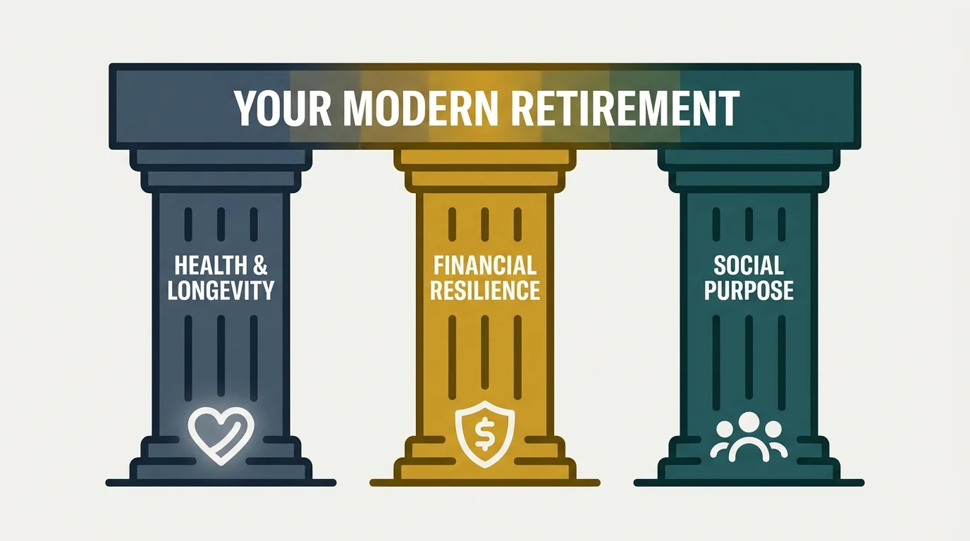 A diagram of three pillars labeled Health, Financial Resilience, and Social Purpose supporting a retirement plan.