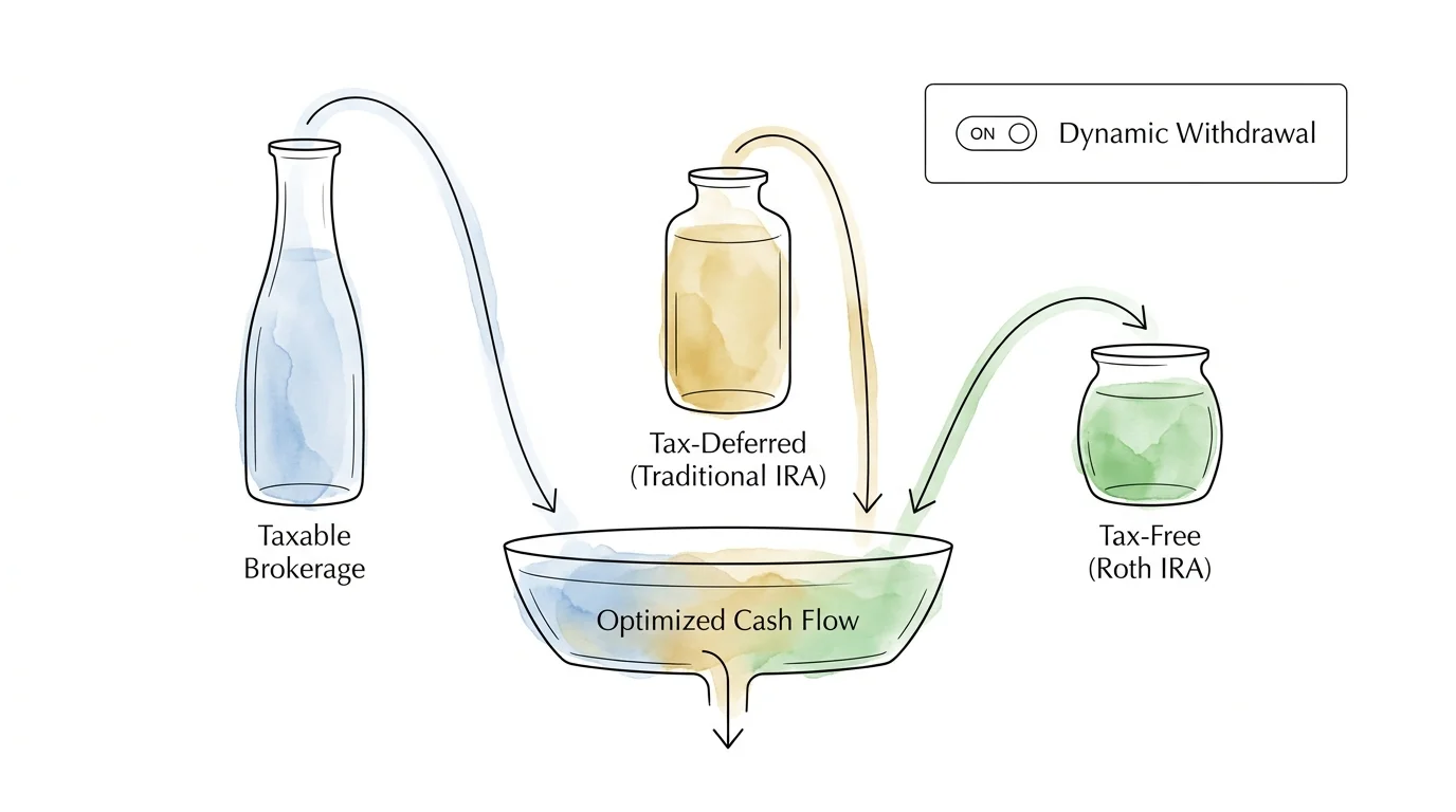 A diagram showing the flow of funds between taxable, tax-deferred, and tax-free accounts to optimize retirement cash flow.