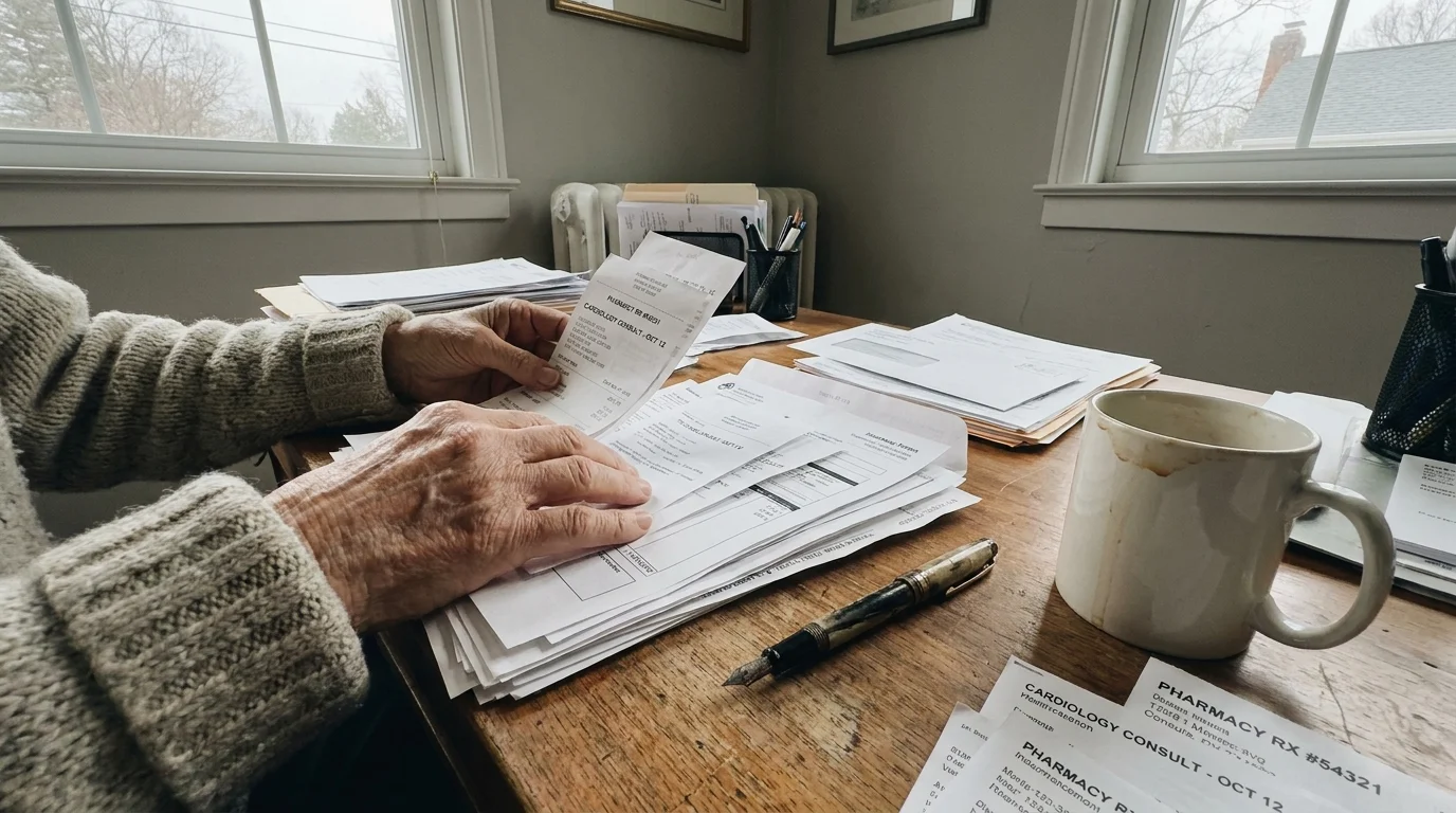 A documentary-style photo of a senior's hands organizing medical receipts on a wooden desk, representing HSA reimbursement strategies.