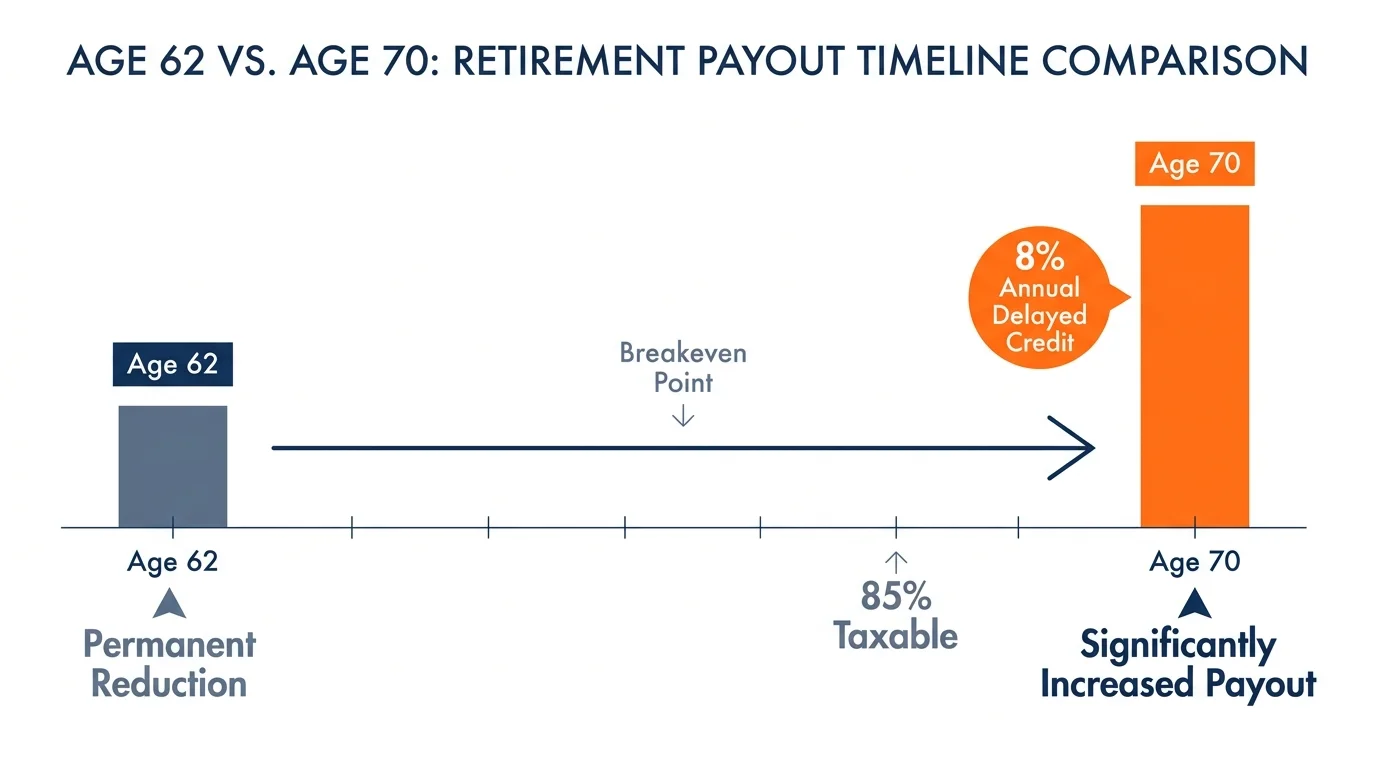 A financial diagram comparing Social Security benefits at age 62 versus age 70, highlighting the 8% annual delayed retirement credit.